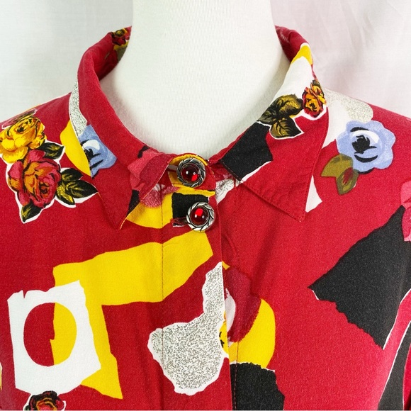 Vintage 80s Bold Abstract Floral Geometric Print Red Button Up Blouse Top XXL - Picture 2 of 7